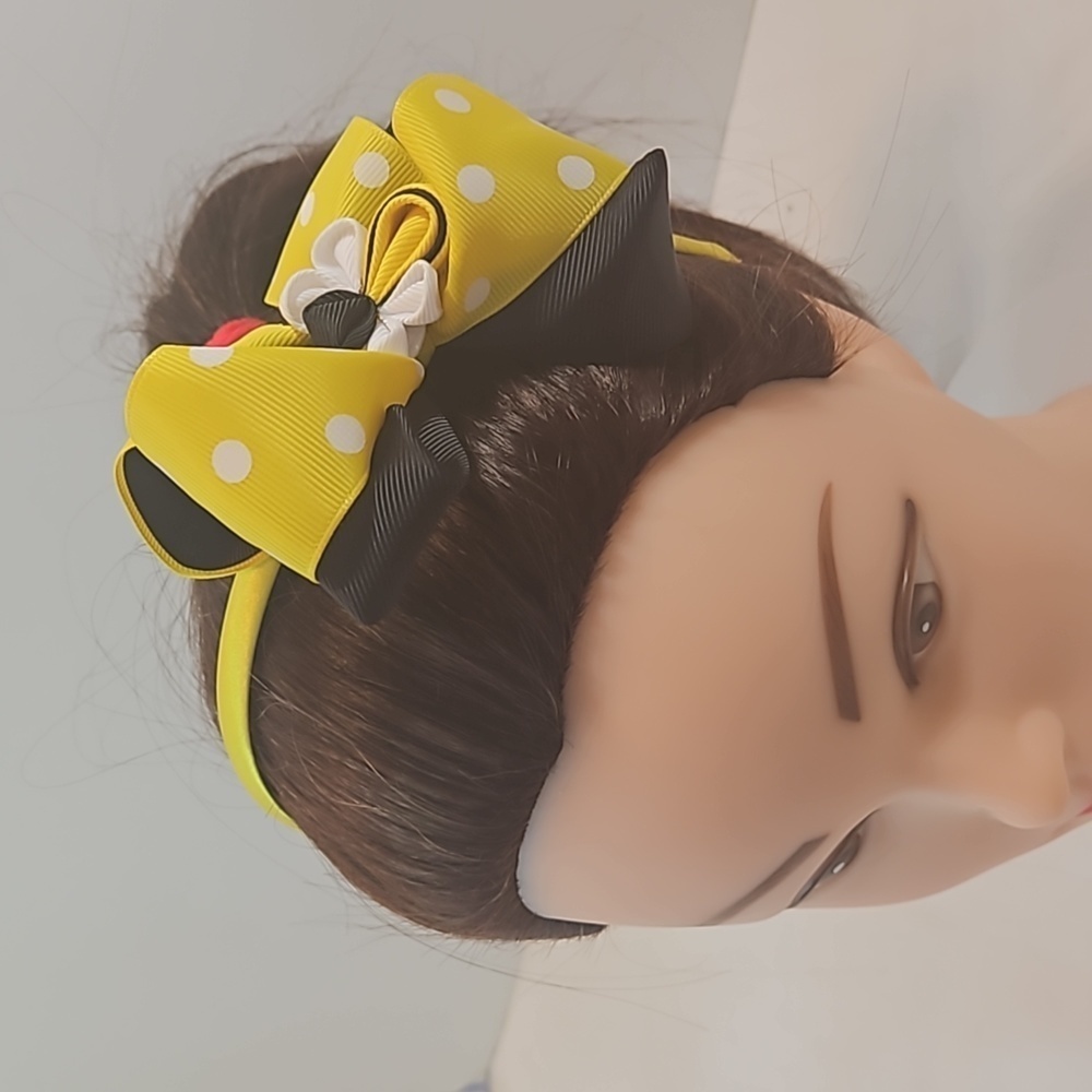 Hand Crafted Handmade Bow Hairband Yellow white polka-dot black contrast ribbon - Picture 6 of 17